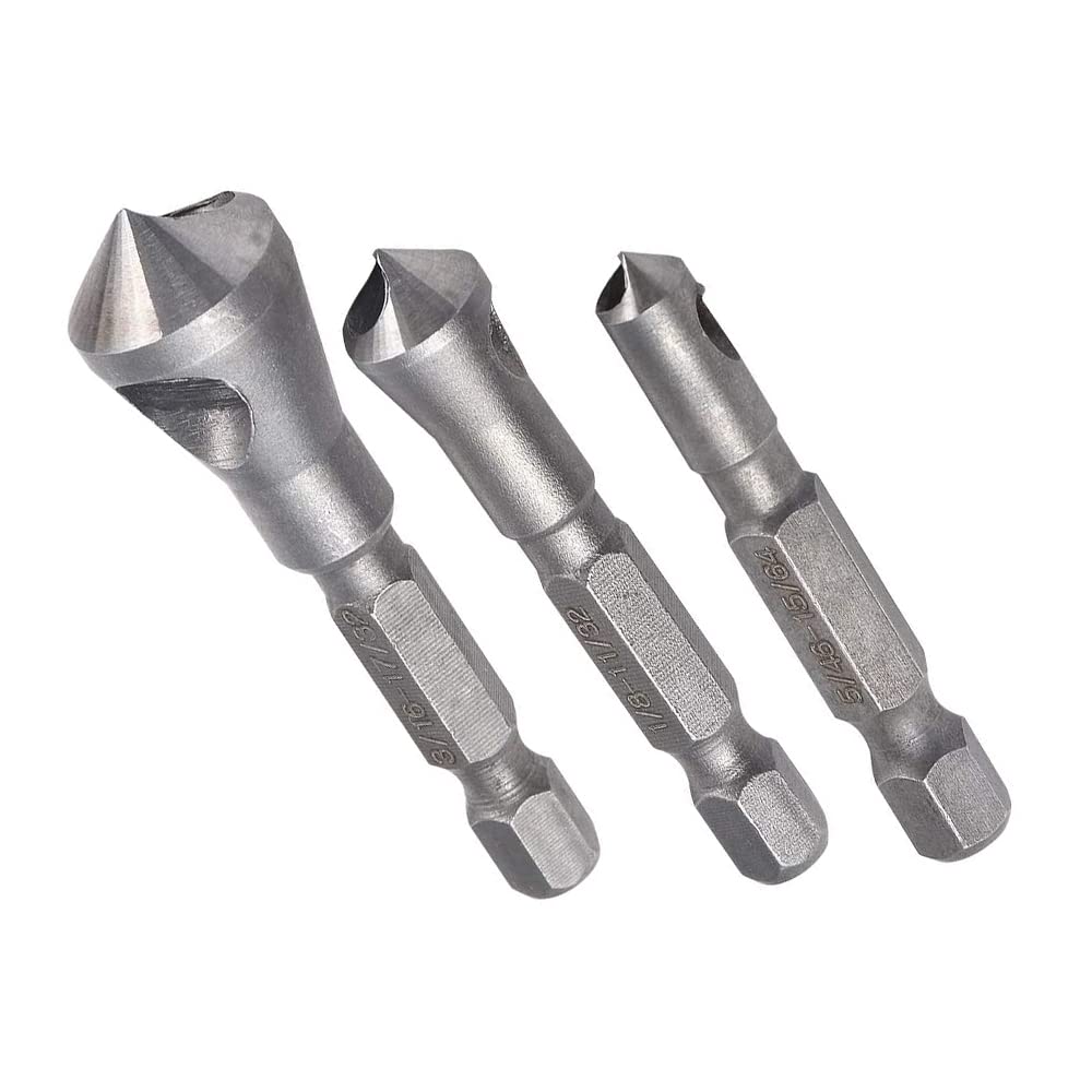 Countersink Deburring Drill Bit Set, 3 Pcs 90 Degree Countersink Drill Bit Set with 1/4 Inch Hex Shank, Countersink Chamfer Tool for DIY Wood Plastic