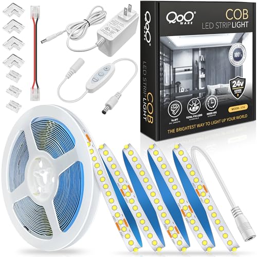 QooWare White COB LED Strip Lights, 16.4ft Dimmable 6500K LED Light Strip Daylight White, 910 LEDs 24V Flexible Led Lights for Bedroom, Kitchen, Under Cabinet Lights, Mirror, TV Backlights