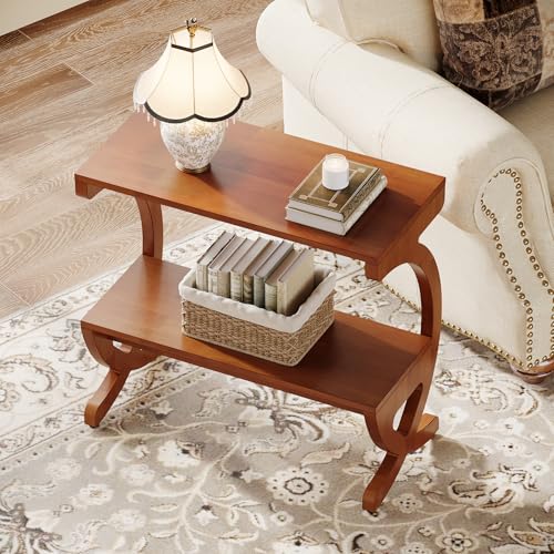 Image of Tribesigns 2PCS Solid Wood End Table, Narrow 2-Tier Side Table with Storage Shelf, Mid Century Accent Bedside Table with Curved Crossed Legs for Living Room, Bedroom, Small Spaces, Walnut Color