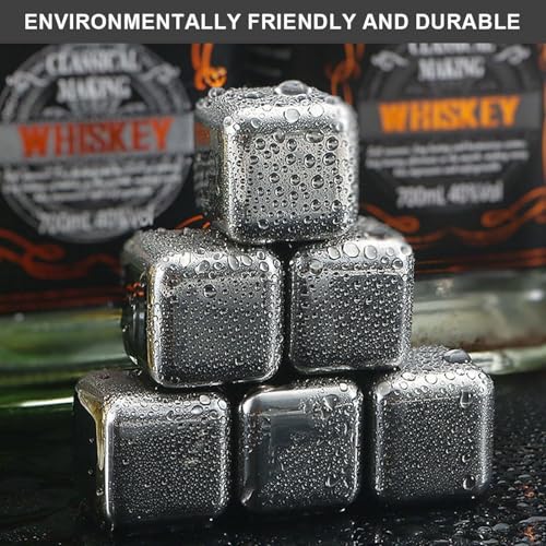 Image of 6 Stainless Steel Whiskey Stones Ice Cubes with Tongs & Container - Food Grade Quick-Frozen Ice for Red Wine, Whiskey, Cocktails - Reusable Metal Ice Cubes for Chilling Drinks (6 PIC)