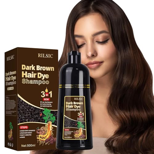RILSIC Shampoo Capelli Neri per Capelli Grigi, 500 ml Hair Dye 3 in 1, Colore Naturale, Shampoo Colorante Bianchi Istantaneo, Colorante Tintura per Uomini Donne (Castano Scuro)