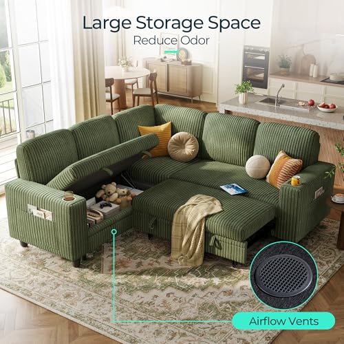 Image of LINSY HOME Sectional Sleeper Sofa with Storage Chaise & USB Charging, Convertible Pull Out Couch Bed Plush Corduroy Modular Sectional Couches for Living Room Apartment (Green)