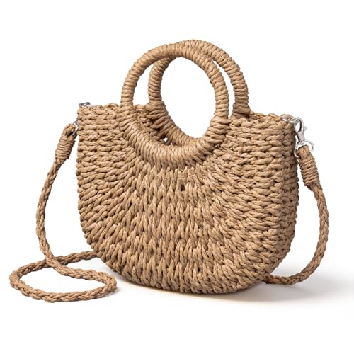 Rancco Straw Bags for Women, Rattan Purse with Round Wooden Handle, Detachable & Adjustable Beach Purses, Womens Shoulder Bag for Vacation Travel Casual Daily Use,10.25 * 9.25in by Rancco - Used condition - CA$16.82