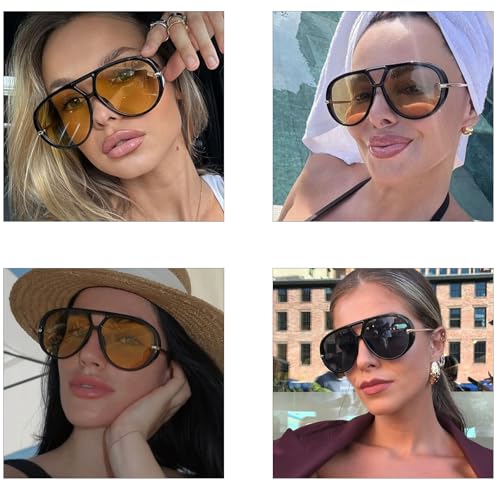 YAMEIZE Oversized Pilot Sunglasses for Women Men Round 70s Retro Double Bridge Vintage Large Big Frame Punk Sun Glasses UV4003