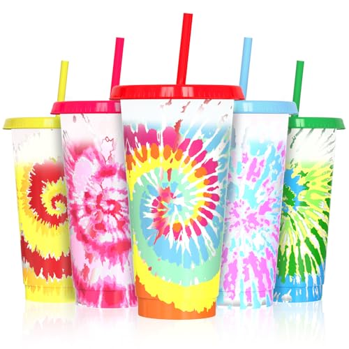 24 oz Color Changing Cups with Lids and Straws 5 Pack Reusable Plastic Tumblers for Iced Coffee BPA-Free Tie Dye Cold Cups Sturdy Drinking Cups with Cleaning Brush Set