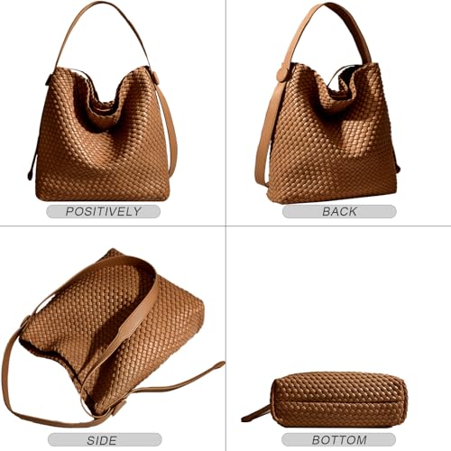 Image of Large Woven Tote Bag Vegan Leather Shoulder Bag for Women Fashion Travel Shopper Bag Top Handle Handbag and Purse