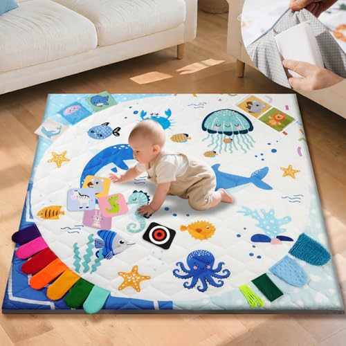 Image of TINYHARBO Premium Foam Baby Play Mat 50x50, 4 Developmental Zones Play Mat with Removable & Machine Washable Cover, Extra Thick Padding Playpen Mat, Easy to Clean for Infants, Toddlers & Babies