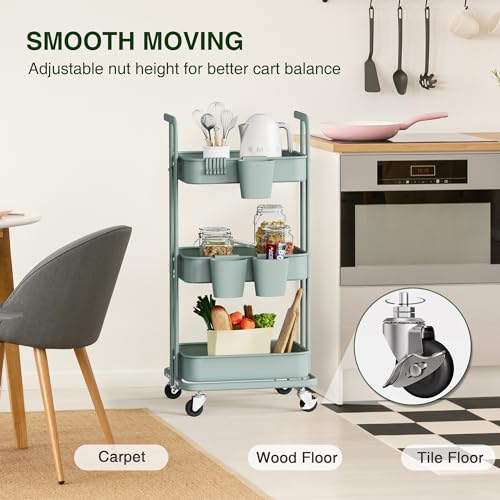 Image of DTK 3 Tier Foldable Rolling Cart, Metal Utility Cart with Lockable Wheels, Folding Storage Trolley for Living Room, Kitchen, Bathroom, Bedroom and Office, Green
