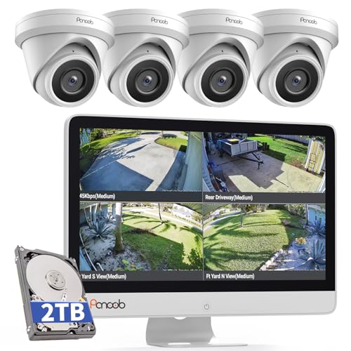 PANOOB Wired Security Camera System with Monitor Screen, 8 Channel 8MP H.265 UHD NVR with 2TB HDD, 4Pcs IR Dome Wired 5MP PoE IP Camera IP67, Smart AI Human Detection, PD93AM04-5M