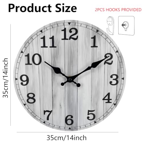 Image of 14 Inch Wall Clock Battery Operated, Wooden Rustic Boho Wall Clocks | Easy-to-read Number, Silent Non Ticking Analog Clock Decorative for Living Room Kitchen Bedroom Home Office Decor, Gray Clock