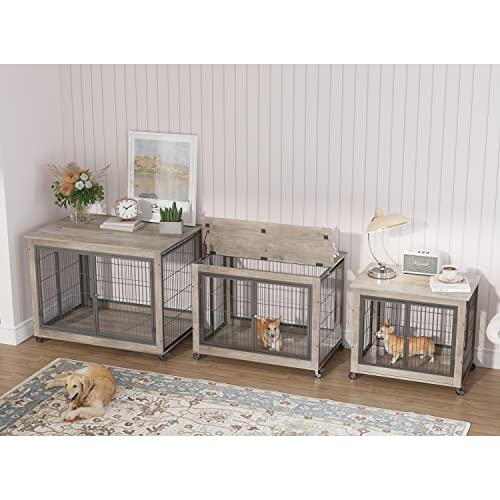 IchbinGo Dog Crate Furniture, Wooden Dog Crate Table, 43.7\" Dog Kennel with 3 Doors, Flip-up Top Opening and Wheels, Decorative Pet Crate House for Large/Medium/Small Dog Indoor Use(Rustic Grey) - Thumbnail 3