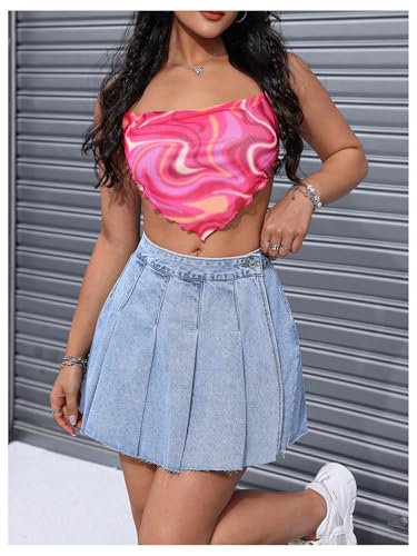 WDIRARA Women's Raw Hem Pleated Denim Skirt Button Front Drop Waist Short Jean Skirts3