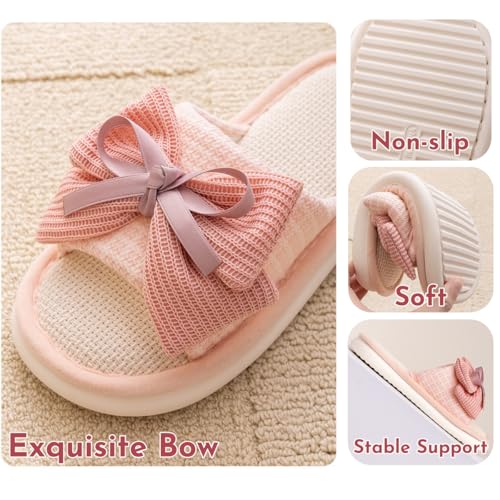 Women's Memory Foam Open Toe Slide Slippers with Cute Bow, Slip-on House Shoes, Summer Linen Slippers Indoor Outdoor4