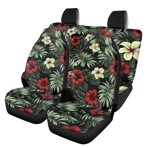 Dreaweet Tropical Car Seat Covers Full Set for Women Green Palm Leaf and Hibiscus Print Seat Covers Front and Back 4 Pack Carseat Protector Car Seat Cover Universal Fit Most Cars SUV Sedan