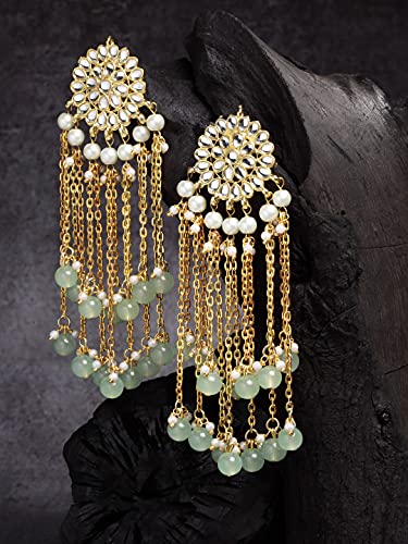 Image of Karatcart Kundan Tassel Earrings for Women (Pink and Green Beads)