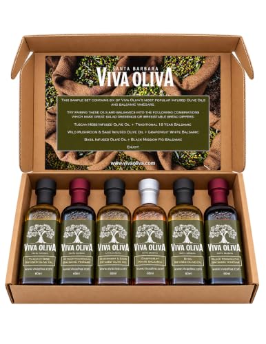 Viva Oliva Six 60ml (2oz) Variety Gift Set - Premium Flavored Extra Virgin Olive Oils (Tuscan Herb, Basil, Mushroom & Sage) and All Natural Balsamic Vinegars (18 Year Traditional, Grapefruit, Black Mission Fig)