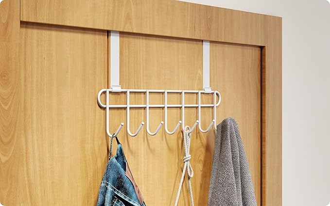 Multi-Alloy Steel Over-The-Door Hook Hanger Rack | No Drilling Required, 7 Hooks for Bedroom, Bathroom & Kitchen Doors | Hanging Organizer, White (Pack of 2)-image-7