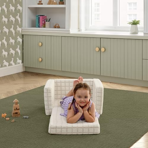 Delta Children Checkered Cozee Flip-Out Kids Chair, Snuggly Sherpa-Like Foam Convertible Armchair for Boys and Girls, Machine Washable Cover, Soft Comfy Toddler Seating for Playroom/Bedroom, Cream - image 4
