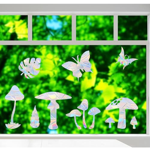 Image of 44PCS Mushroom & 3 Leaf Window Clings - Anti-Collision Decals to Save Birds, Non-Adhesive Prismatic Vinyl, Rainbow Stickers (Rainbow 44 Pieces)
