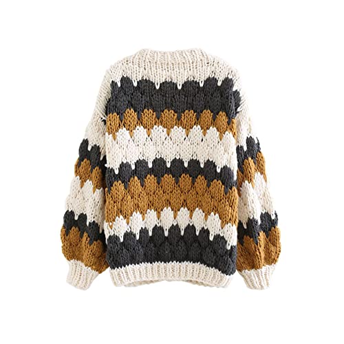 CHICWISH Women's Cream/Smoke Color Blocked Puff Sleeves V-Neck Hand-Knit Chunky Cardigan2