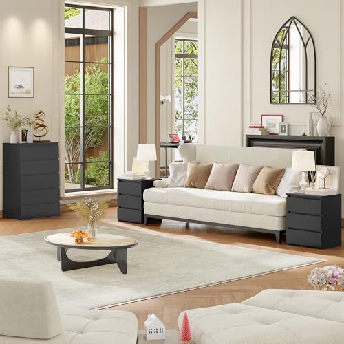 Image of FOTOSOK Nightstand with 3 Drawers, Black Nightstand Bedside Table for Bedroom, 17.7W*15D*21.7H Bedroom Night Stand with Cut-Out Handle for Small Space /Apartment, Sofa Side Corner End Table for Home