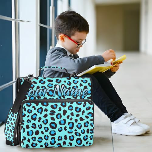 Image of Custom 3 Ring Zipper Binder Blue Leopard Print Personalized Name 1.5 Inch Binders Large Capacity Multi Pockets for School Office Supplies