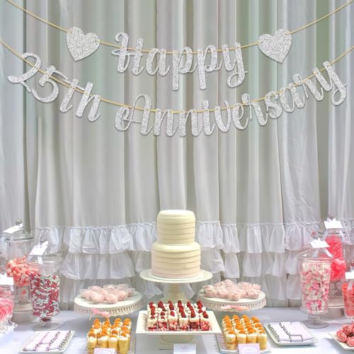 Image of Happy 25th Anniversary Banner 25th Wedding Anniversary Happy 25th Birthday Cheers to 25 Years Loved Party Decorations Silver Glitter