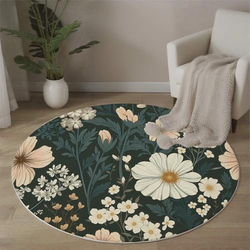 Tapis rond antidérapant doux 160cm vert à fleurs roses de salon