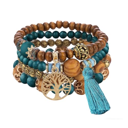 4 Pcs Bohemian Stackable Bracelets for Women Men Set Stretch Multilayer Stack Beads Colorful Beaded Charm Tree of Life Handmade Tassels Jewelry Hippie Bracelet Dainty Best Friends Gift (Color 1)