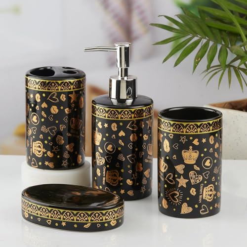 Image of SaSaSa Ceramic Bathroom Accessories Set of 4 Modern Bath Set with Soap Dispenser & Toothbrush Holder, Luxury Home & Gift Idea, Black /Gold (10462)