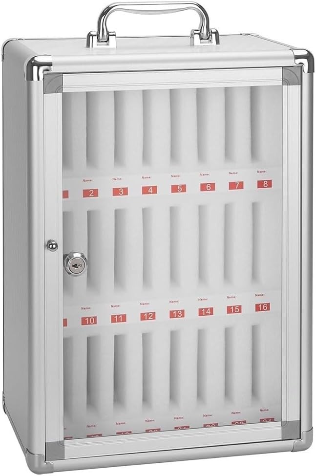 24/36 Slots Portable Silver Transparent Locking Phone Locker for Classroom, School, Office, Factory – Secure Cell Phone Storage Box for Students and Employees