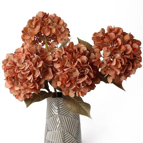 mizii 4Pcs Burnt Orange Artificial Hydrangeas Flowers Large Fake Silk Hydrangea Flower with Stems Realistic Faux Hydrangea Decorations for Wedding Table Centerpieces Vase Home Decor (Burnt Orange)