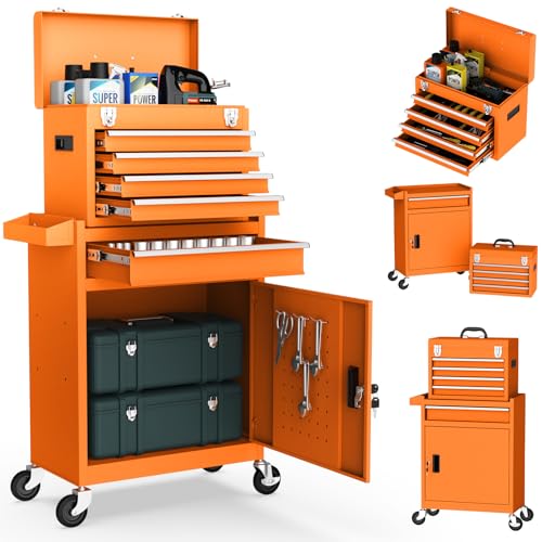 Gornoxblif 5-Drawers Orange Rolling Tool Chest, 2-in-1 Mechanic Rolling Tool Box Removable Lockable...