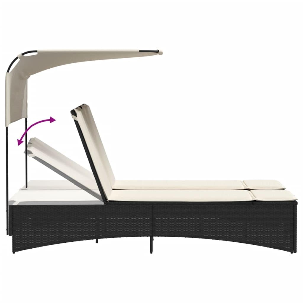 Tumbona Doble de Ratán para Jardín con Techo Solar, Cama Exterior Jardin, Tumbonas Piscina 2 Plazas, Cama Balinesa, Tumbonas Jardin Exterior, con Mesa de Centro y Almohadón Negro
