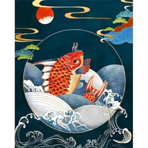 Zuooyi Carpa Koi Pintura por Números para Adultos, Ondas Pintar por Numeros Niños, Kit de Pintura al óleo de Lienzo para Decoración de la Pared del Hogar, 55x70cm Marco DIY