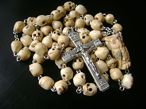 Elegantmedical Handmade Vintage Tibet Oxen Bone Skull Beads Owl Rosary Catholic Necklace Italy Cross Box #TOP4
