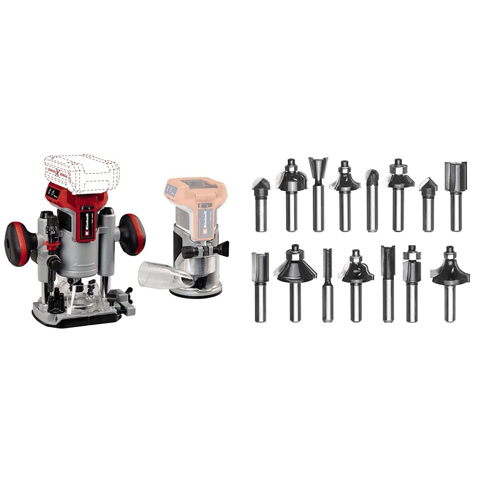 Einhell Tp-Ro 18 Set Li Bl Zestaw Frezarek, Czerwony/Szary, 15.2 x 9.7 x 18.4 cm & Oryginalny 15-częściowy zestaw frezów Einhell