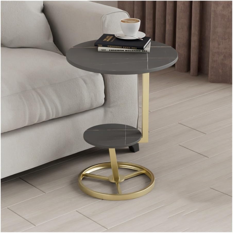 QotTLe Marble Round Side Table, End Table Mental Nightstand Small Accent Coffee Table with 2 Shelves for Living Room Bedroom Office Small Space (Color : Gold, Size : Black)
