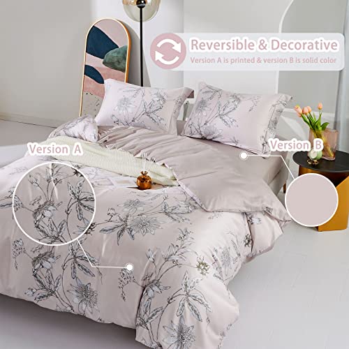 MILDLY 100% Long-Staple Cotton Duvet Cover Set Light Pink Elegant Floral Pattern Printed Comforter Cover 3pcs, Ultra Soft & Breathable Bedding Set