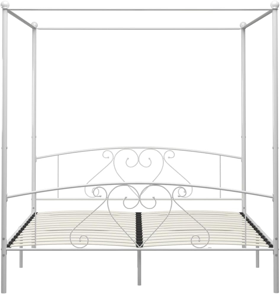 Aurrealdea view of vidaXL 4 Poster Bed Frame Metal White Queen with slatted base