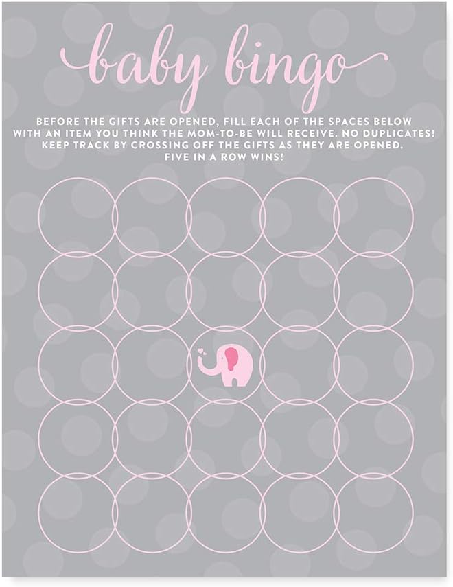 Andaz Press Girl Elephant Baby Shower Collection, Games, Activities, Decorations, Baby Bingo Game Cards, 20-pack