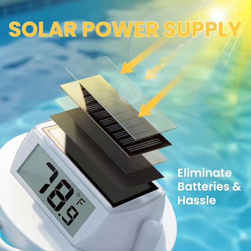 Image of Pool Thermometer Floating, Digital Swimming Pool Thermometer, IPX8 Waterproof with Double Sided Display for Pond, Hot Tub, Aquarium (Solar Powered, White)