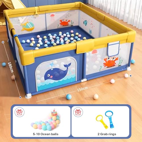 Image of Playpen 150x180cm for Baby 0-5 Years with Safety Lock, Playard with 5-10 Ocean Balls and 2 Grasp Rings (No Mat, Non-Foldable) - Blue