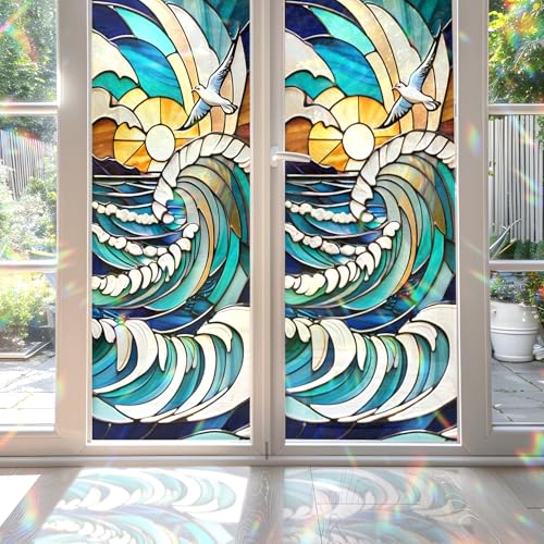 Sea and Ocean Waves Stained Glass Window Film, Sea and Ocean Waves Stained Glass Window Film for Door Heat Anti UV