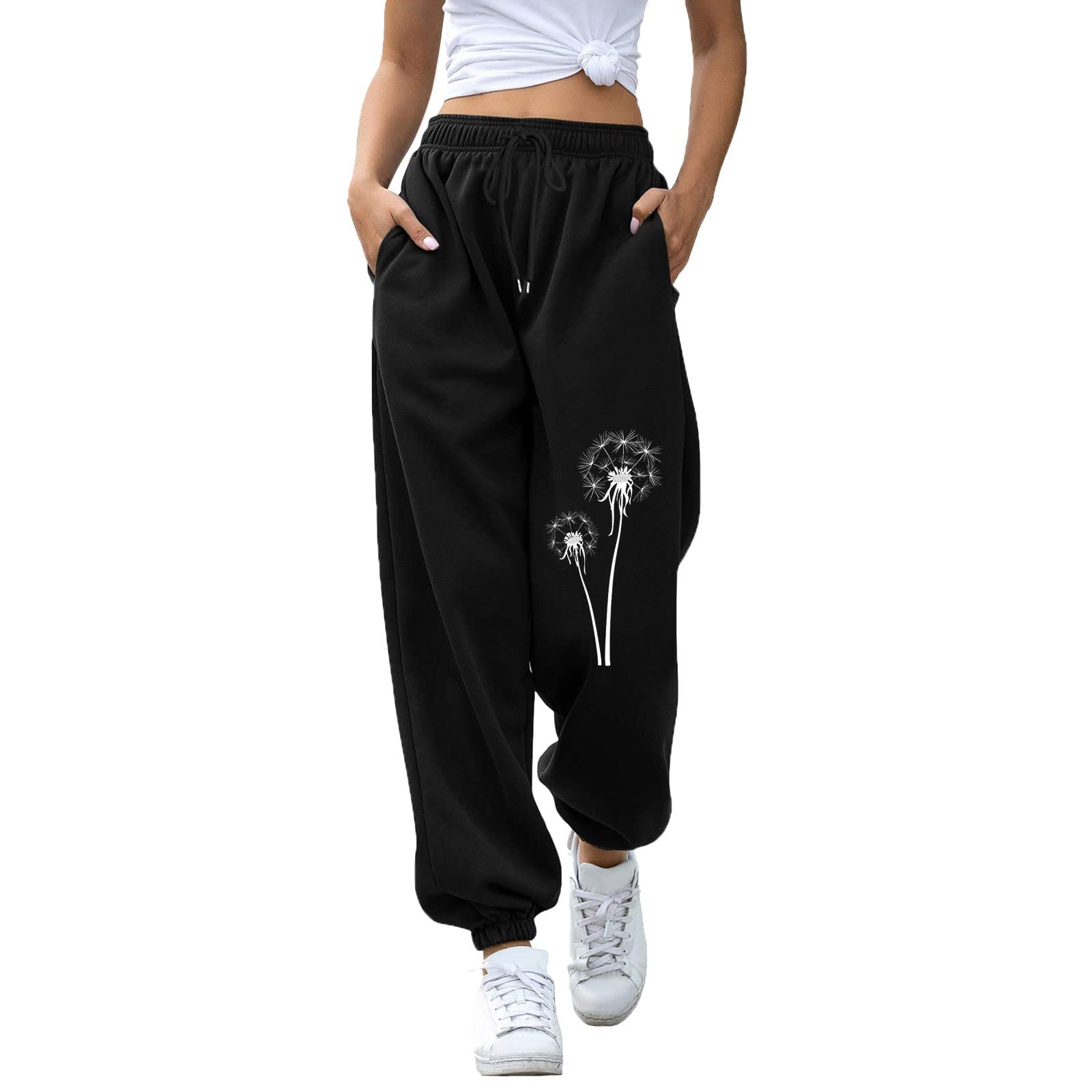 Women Elastic Waisted Drawstring Sweatpant Print Baggy Workout Trouser Athletic Cinch Loose Lounge with Pocket