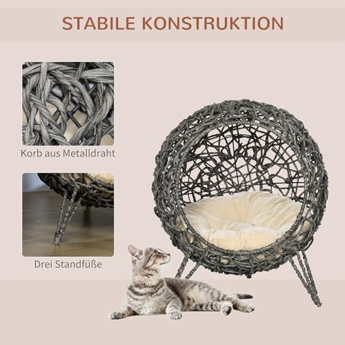 PawHut Katzenhaus aus Rattan mit Kissen Katzenschlafplatz Katzenhöhle mit erhöhten Füßen Silbergrau Ø52 x 58 cm