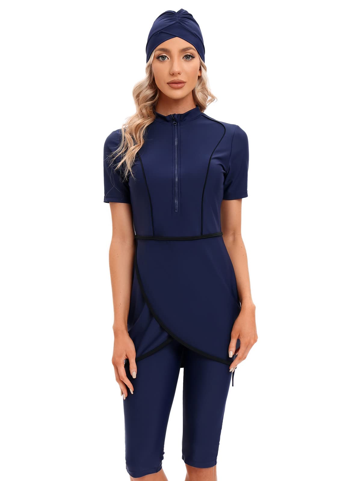 Frauen Muslimische Bademode Crop Short Burkini Modest Badeanzug mit Frontreißverschluss