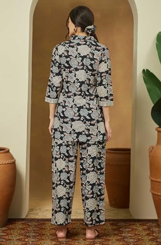 Image of Janasya Women's Black Pure Cotton Floral Printed Straight Co-ord Set