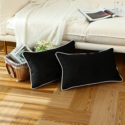 LIGICKY Set of 2 Black Velvet Lumbar Pillow Covers Modern Minimalist Style Solid Decorative White Rope Edging Soft Rectangle Cushion Cases for Sofa Bedroom Party Décor, 12 x 20 inch - Cosy Home Interiors LIGICKY Set of 2 Black Velvet Lumbar Pillow Covers Modern Minimalist Style Solid Decorative White Rope Edging Soft Rectangle Cushion Cases for Sofa Bedroom Party Décor, 12 x 20 inch - Image 2