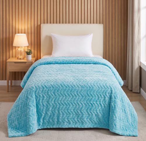 Image of SANMARINO Premium 300 GSM Single Bed Flannel Blanket | Ultra Soft Leaf Emboss Plush Blanket | All Season Lightweight & Cozy | AC Blanket for Bed, Sofa, Couch, Travel & Camping | 152x228 cm,Aqua